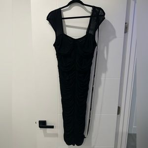 Pretty Little Thing black mesh rushed bodycon dress. NWT. Size 12.